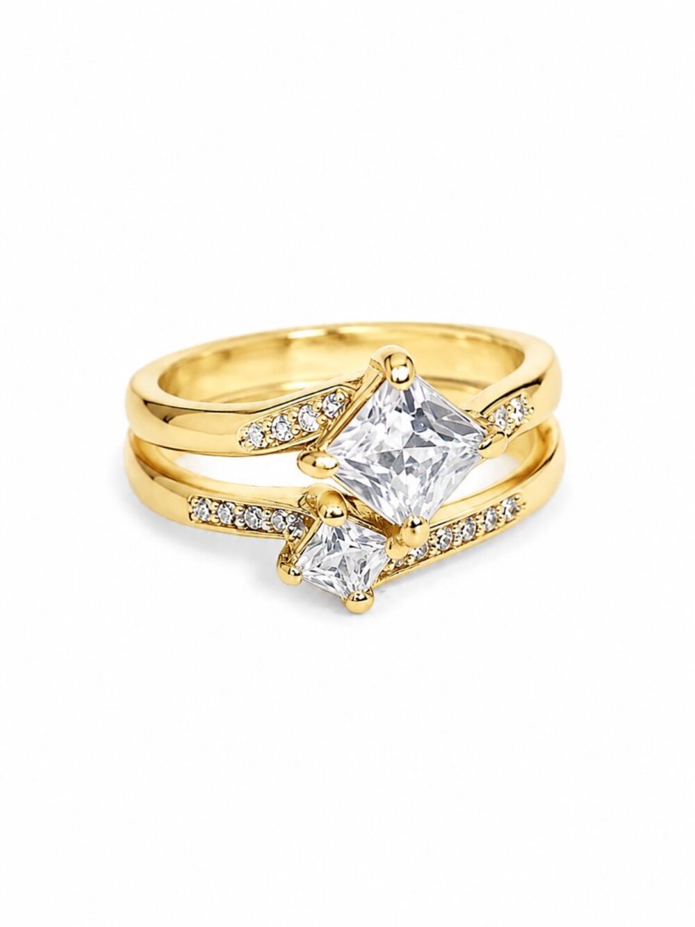 NIB 2pcs Bridal Stackable Rings Set Square Cut CZ Stone & Crystal Accents Size 9